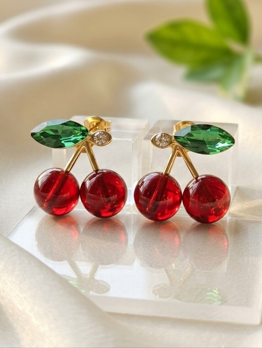Red Cherry Acrylic Stud Earrings Gold Tone 925 Silver Post Coquette Coconut Girl